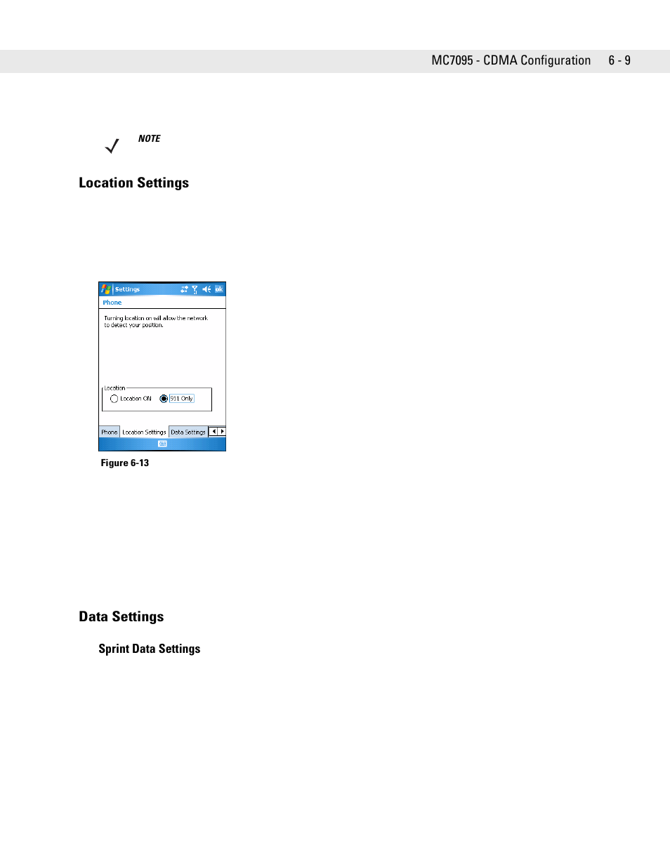 Location settings, Data settings, Sprint data settings | Location settings -9 data settings -9 | Motorola ENTERPRISE DIGITAL ASSISTANT MC70 User Manual | Page 117 / 208