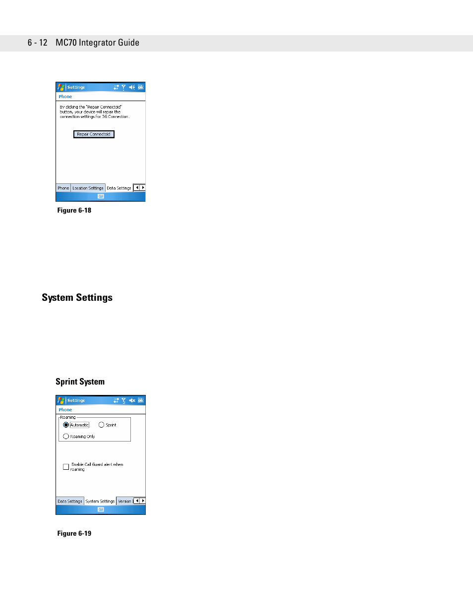 System settings, Sprint system, System settings -12 | Motorola ENTERPRISE DIGITAL ASSISTANT MC70 User Manual | Page 120 / 208