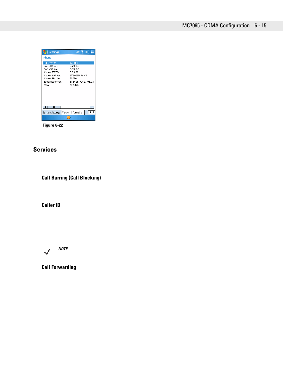 Services, Call barring (call blocking), Caller id | Call forwarding, Services -15 | Motorola ENTERPRISE DIGITAL ASSISTANT MC70 User Manual | Page 123 / 208