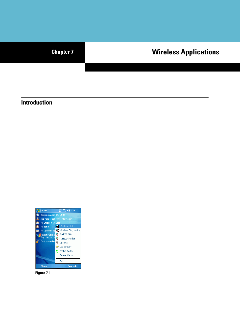 Wireless applications, Introduction, Chapter 7: wireless applications | Introduction -1, Chapter 7, wireless applications, Chapter 7 | Motorola ENTERPRISE DIGITAL ASSISTANT MC70 User Manual | Page 125 / 208