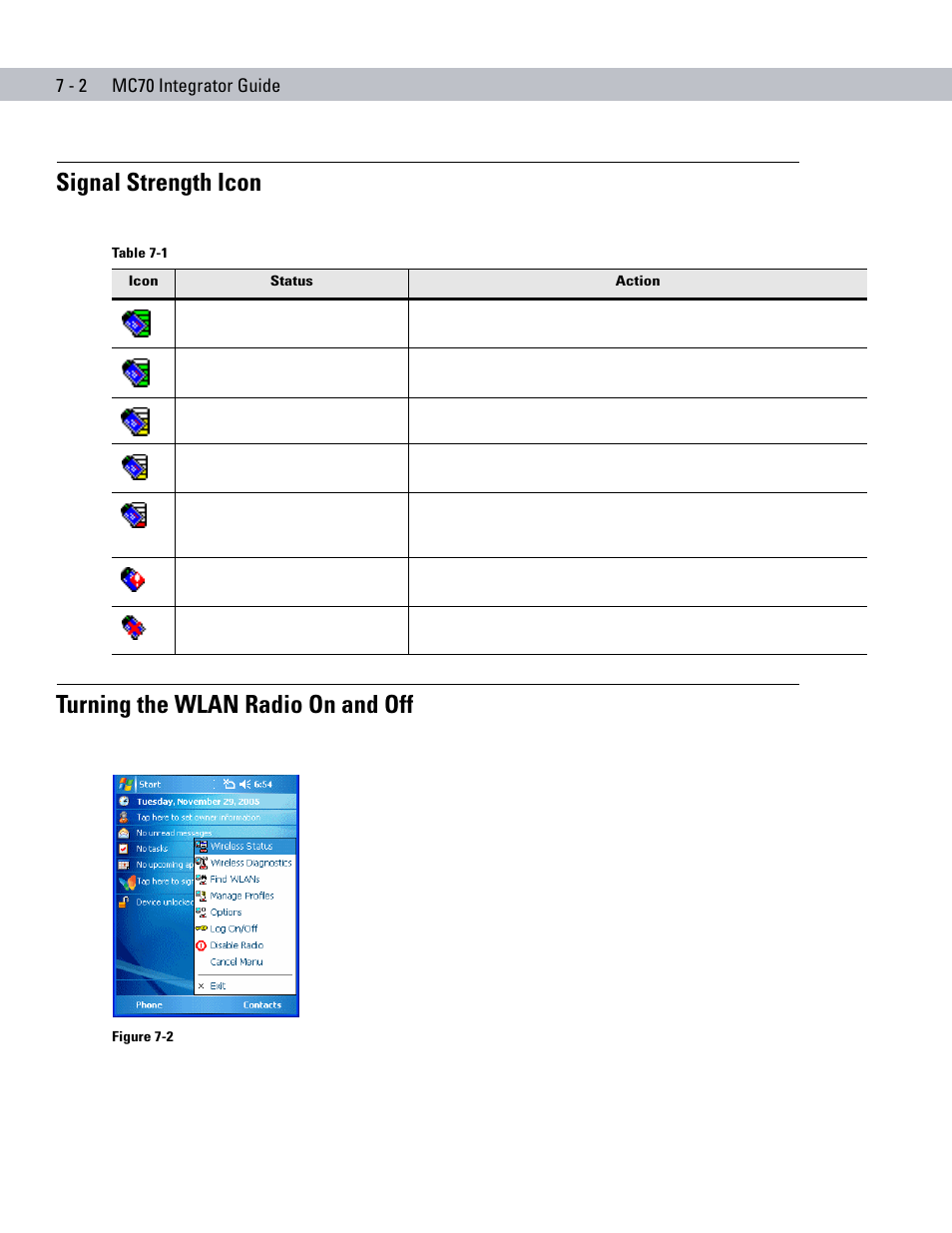 Signal strength icon, Turning the wlan radio on and off | Motorola ENTERPRISE DIGITAL ASSISTANT MC70 User Manual | Page 126 / 208