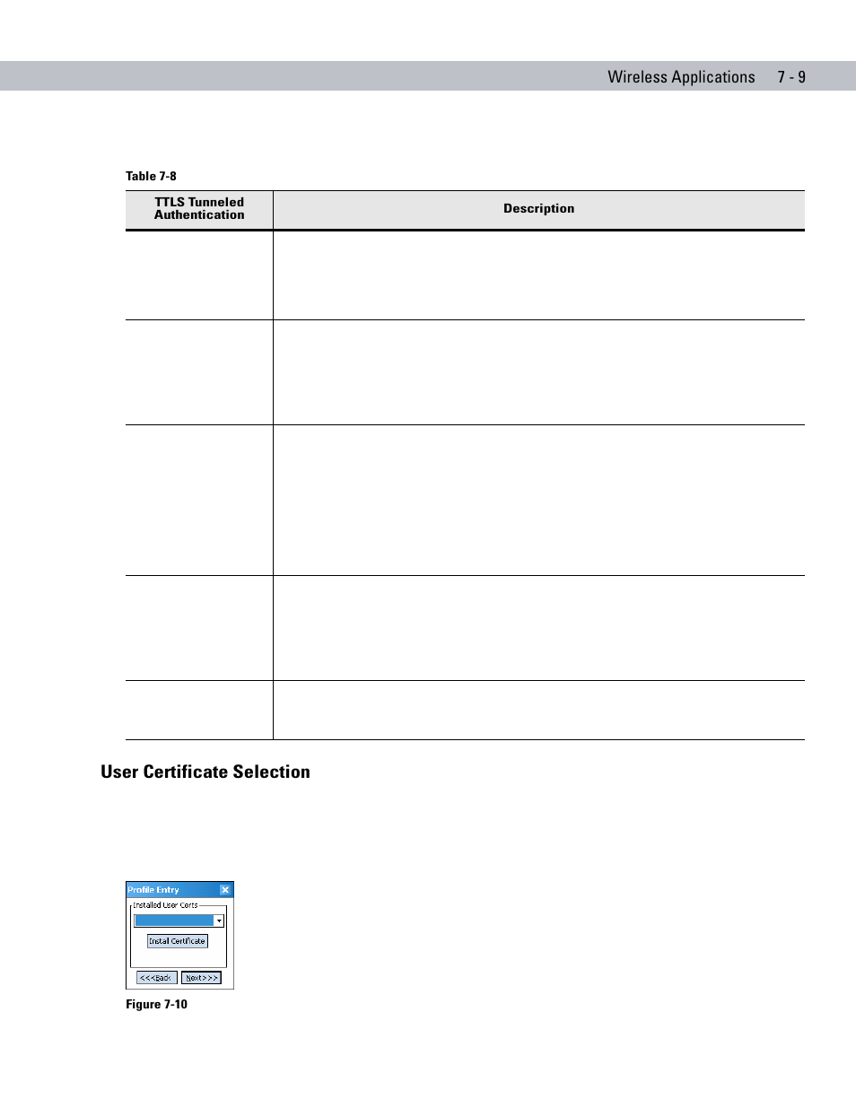 User certificate selection, User certificate selection -9, Table 7-8 | Motorola ENTERPRISE DIGITAL ASSISTANT MC70 User Manual | Page 133 / 208