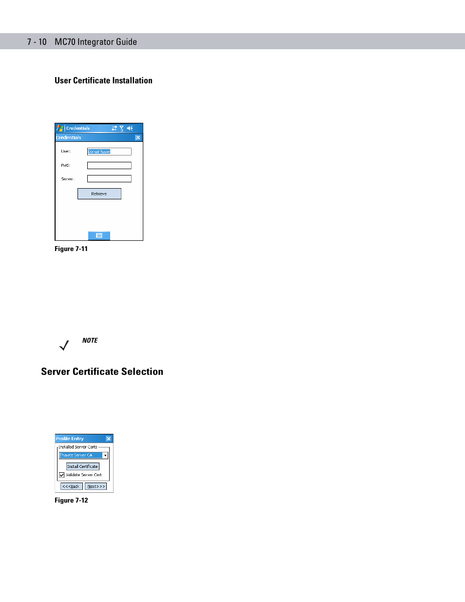 User certificate installation, Server certificate selection, Server certificate selection -10 | Motorola ENTERPRISE DIGITAL ASSISTANT MC70 User Manual | Page 134 / 208