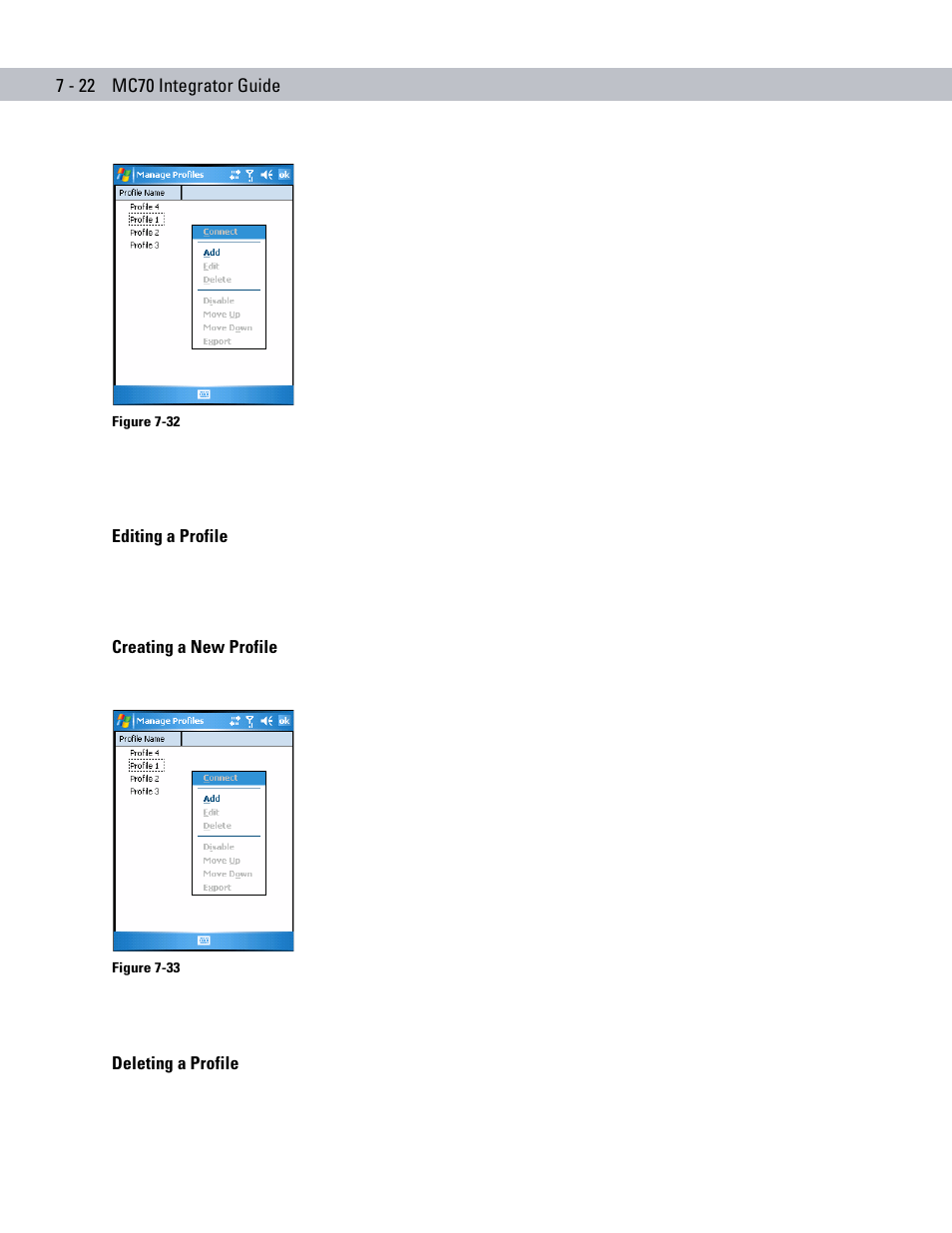 Editing a profile, Creating a new profile, Deleting a profile | Motorola ENTERPRISE DIGITAL ASSISTANT MC70 User Manual | Page 146 / 208