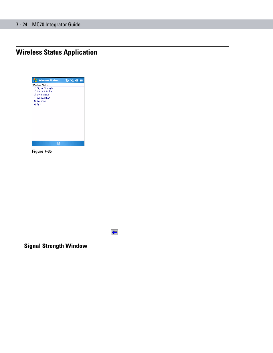 Wireless status application, Signal strength window, Wireless status application -24 | Signal strength window -24 | Motorola ENTERPRISE DIGITAL ASSISTANT MC70 User Manual | Page 148 / 208