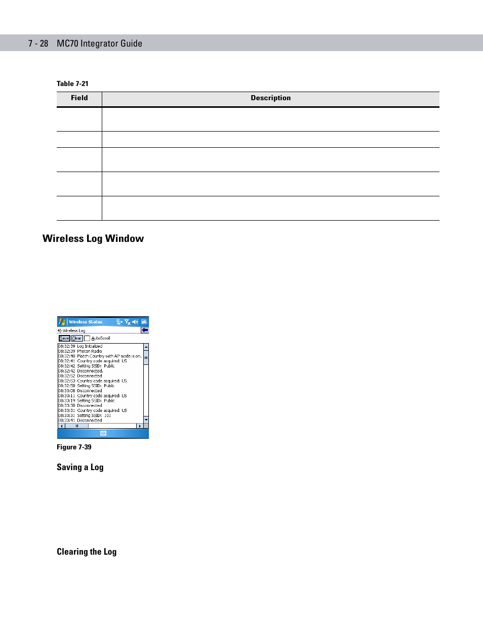 Wireless log window, Saving a log, Clearing the log | Wireless log window -28 | Motorola ENTERPRISE DIGITAL ASSISTANT MC70 User Manual | Page 152 / 208