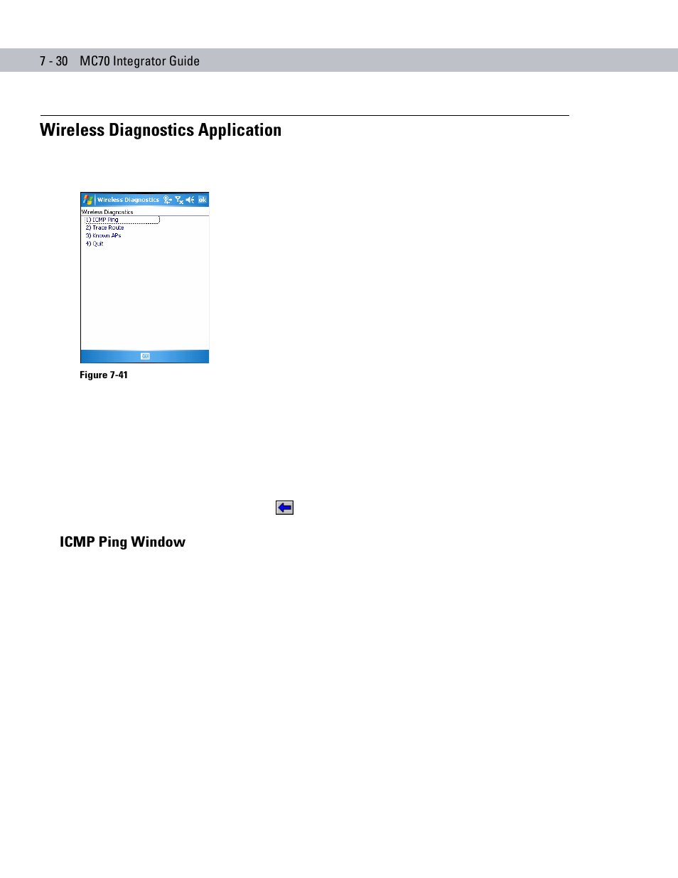 Wireless diagnostics application, Icmp ping window, Wireless diagnostics application -30 | Icmp ping window -30 | Motorola ENTERPRISE DIGITAL ASSISTANT MC70 User Manual | Page 154 / 208