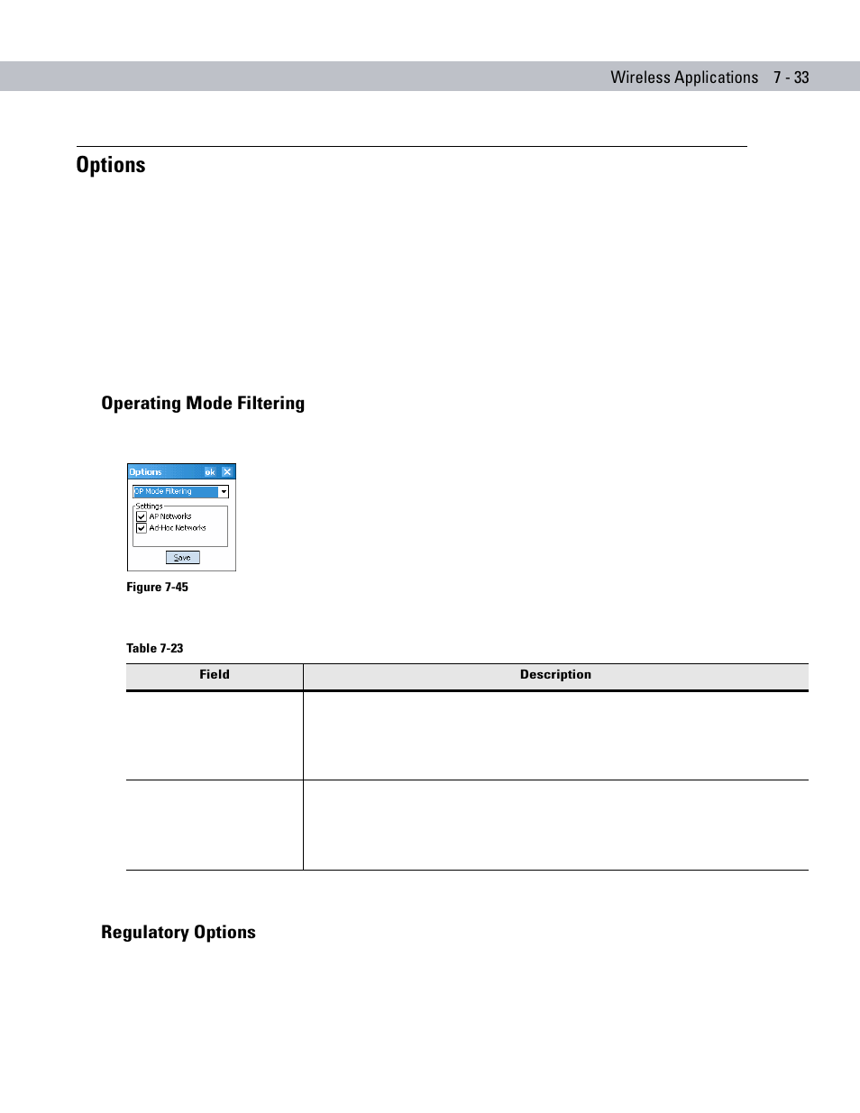 Options, Operating mode filtering, Regulatory options | Options -33 | Motorola ENTERPRISE DIGITAL ASSISTANT MC70 User Manual | Page 157 / 208