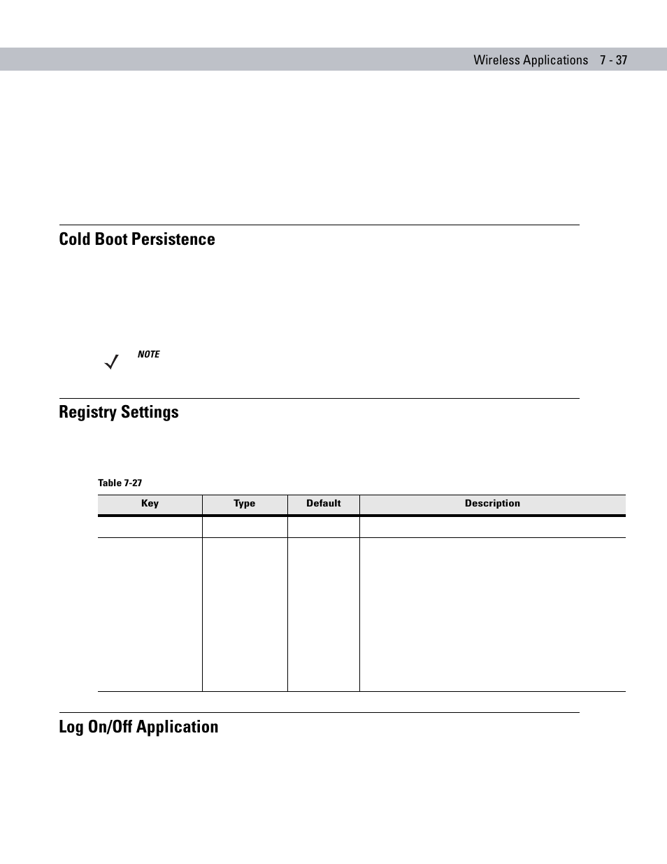 Cold boot persistence, Registry settings, Log on/off application | Motorola ENTERPRISE DIGITAL ASSISTANT MC70 User Manual | Page 161 / 208