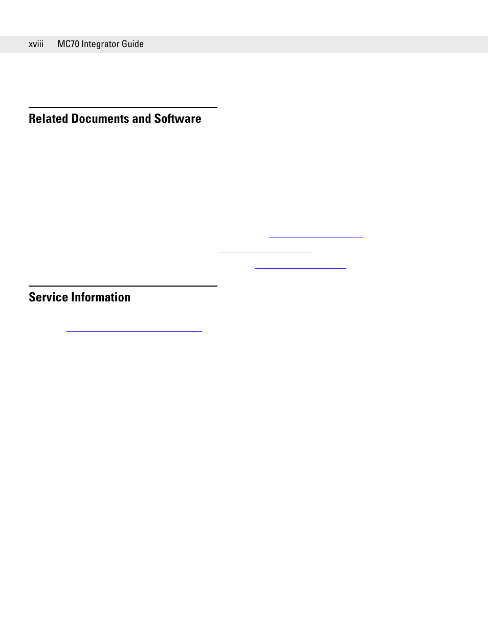 Related documents and software, Service information | Motorola ENTERPRISE DIGITAL ASSISTANT MC70 User Manual | Page 18 / 208