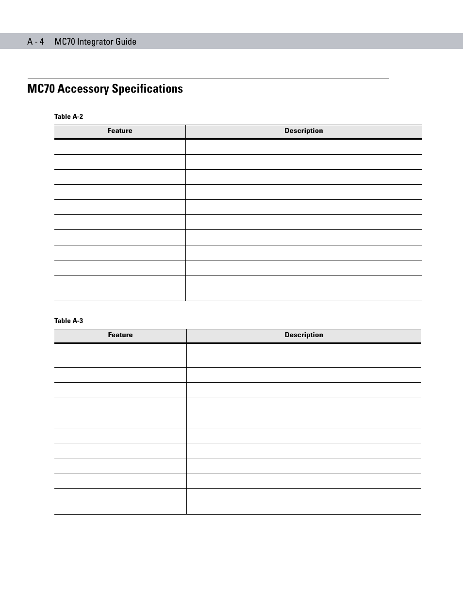 Mc70 accessory specifications | Motorola ENTERPRISE DIGITAL ASSISTANT MC70 User Manual | Page 180 / 208