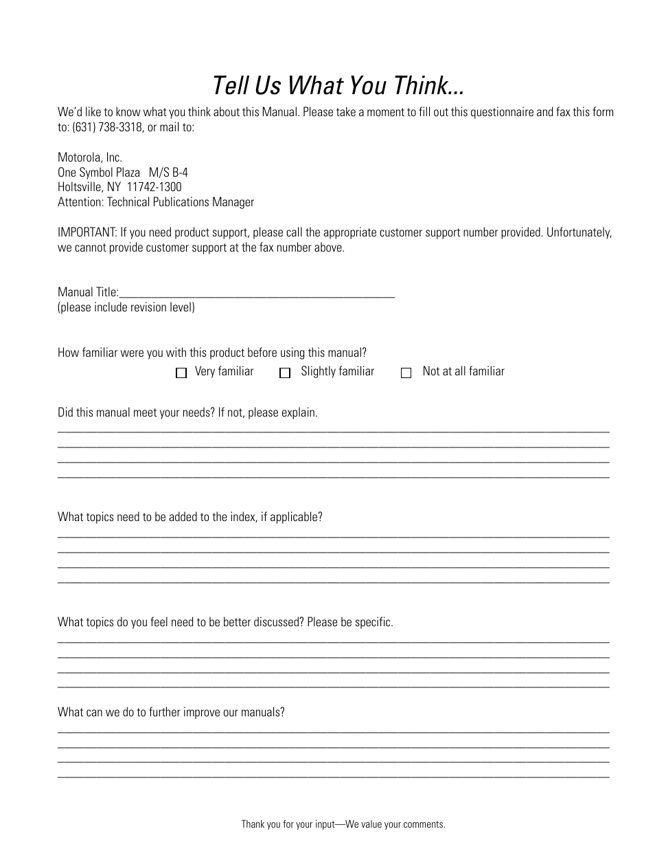 Tell us what you think | Motorola ENTERPRISE DIGITAL ASSISTANT MC70 User Manual | Page 205 / 208