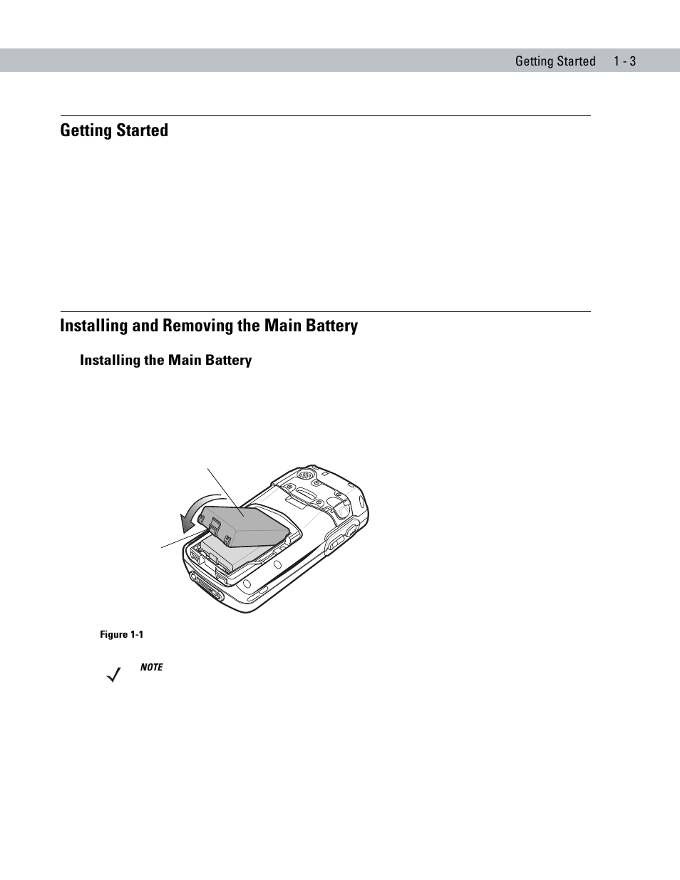 Getting started, Installing and removing the main battery, Installing the main battery | Installing the main battery -3 | Motorola ENTERPRISE DIGITAL ASSISTANT MC70 User Manual | Page 21 / 208