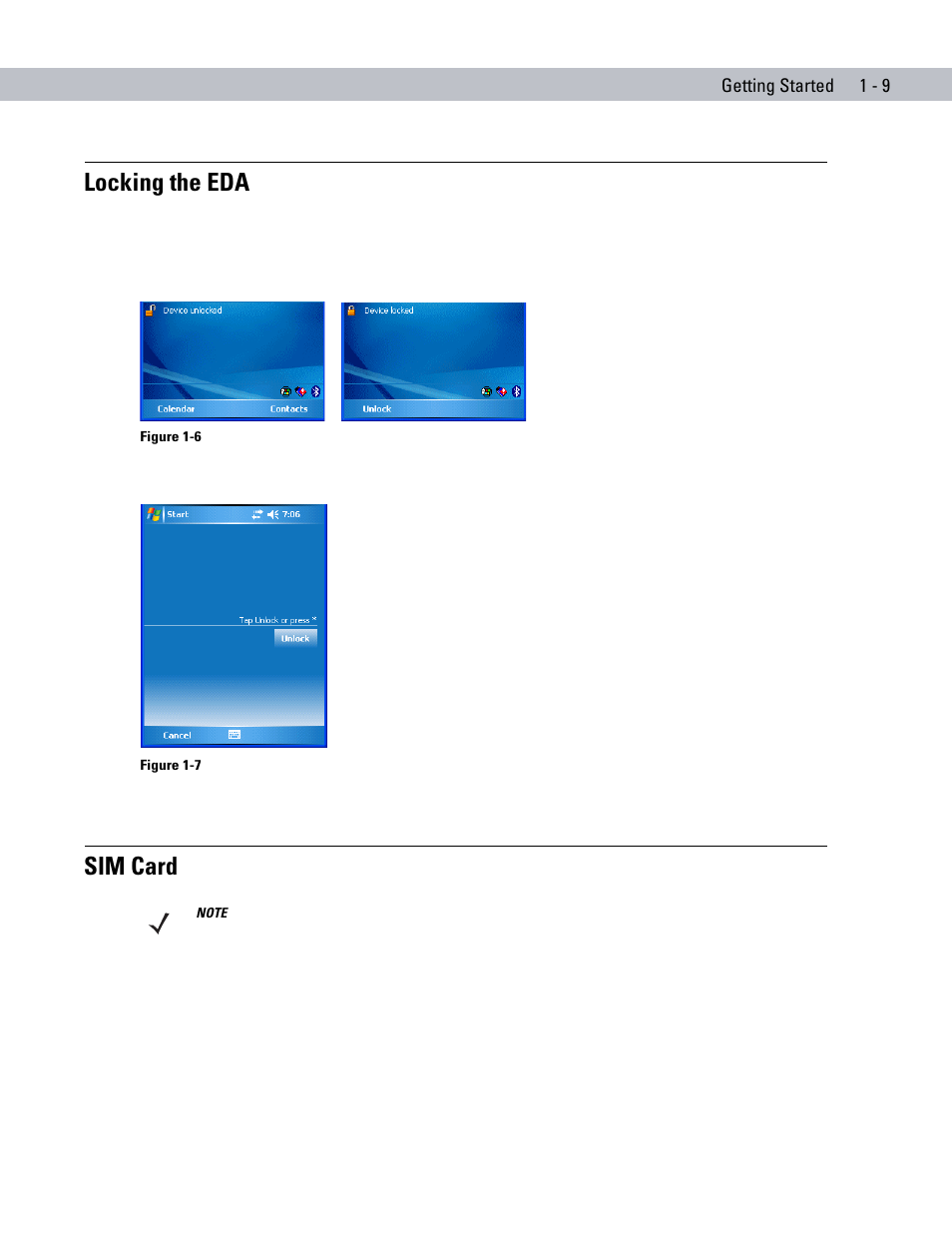 Locking the eda, Sim card, Locking the eda -9 sim card -9 | Motorola ENTERPRISE DIGITAL ASSISTANT MC70 User Manual | Page 27 / 208