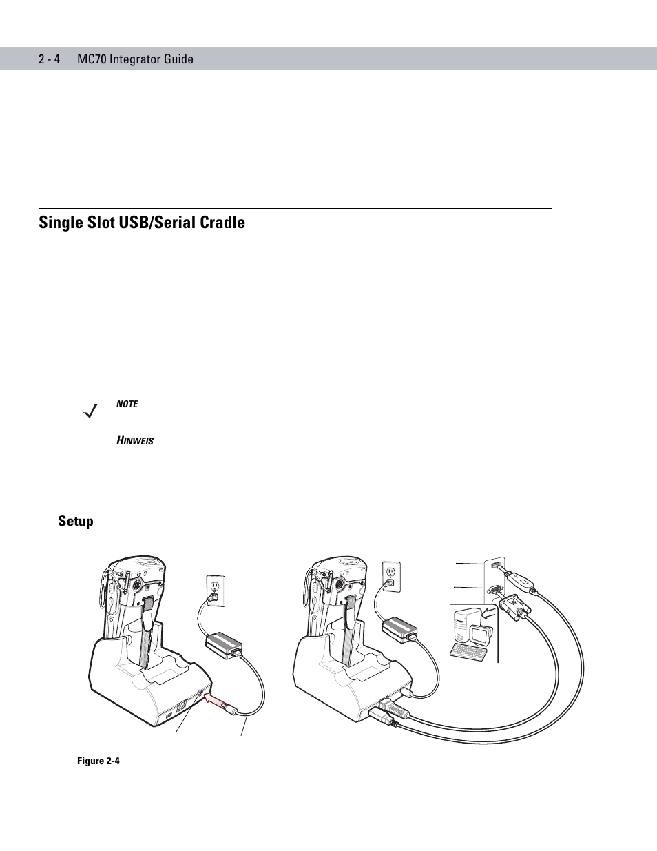 Single slot usb/serial cradle, Setup, Single slot usb/serial cradle -4 | Setup -4 | Motorola ENTERPRISE DIGITAL ASSISTANT MC70 User Manual | Page 34 / 208