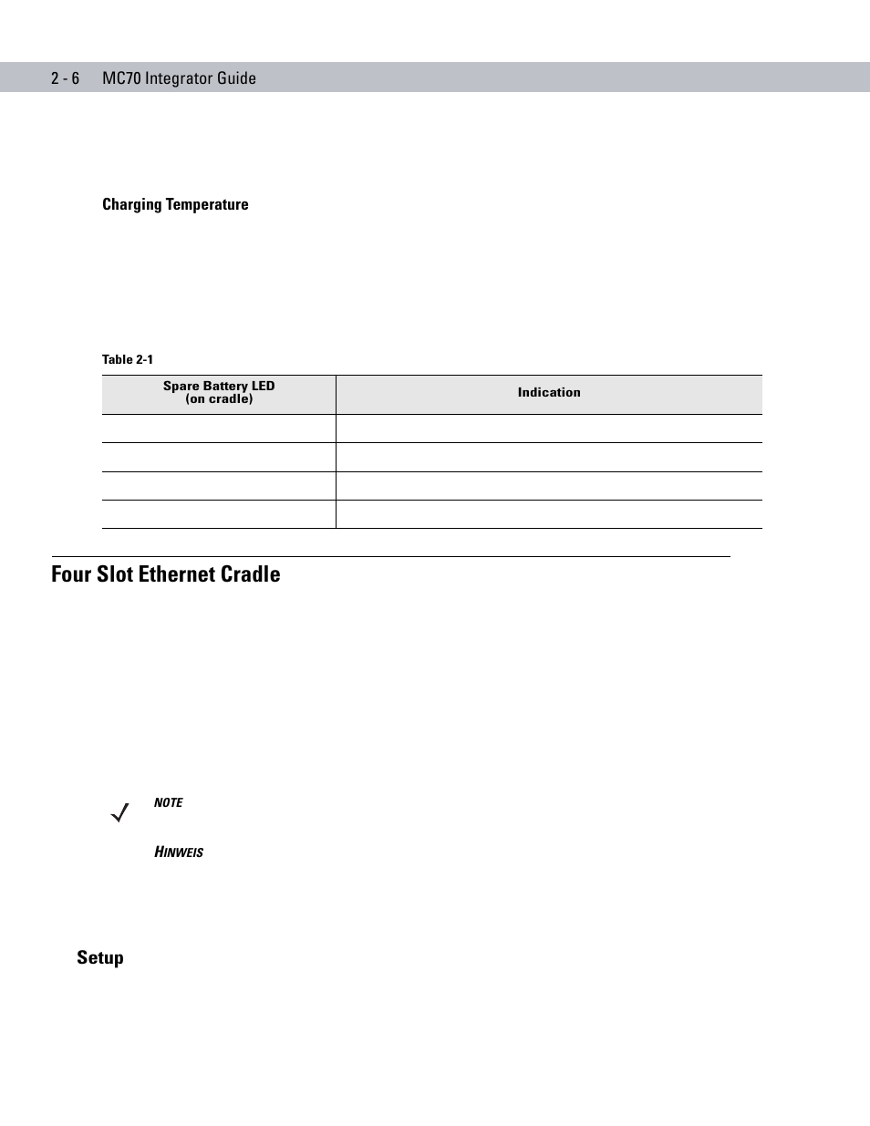 Charging temperature, Four slot ethernet cradle, Setup | Four slot ethernet cradle -6, Setup -6 | Motorola ENTERPRISE DIGITAL ASSISTANT MC70 User Manual | Page 36 / 208