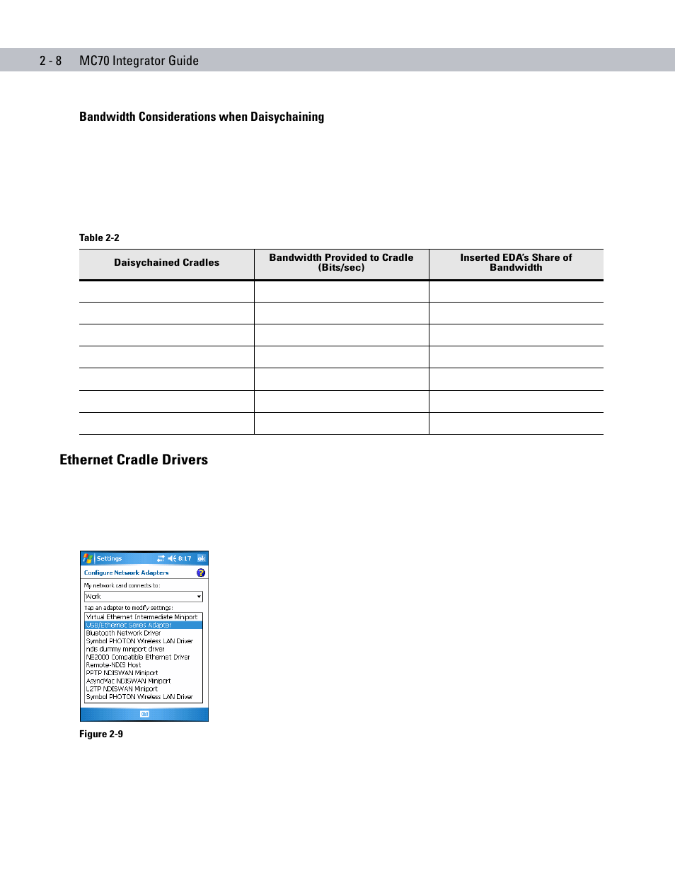 Bandwidth considerations when daisychaining, Ethernet cradle drivers, Ethernet cradle drivers -8 | Motorola ENTERPRISE DIGITAL ASSISTANT MC70 User Manual | Page 38 / 208