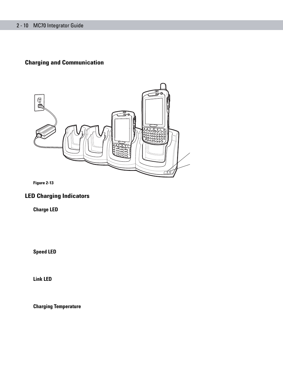 Charging and communication, Led charging indicators, Charge led | Speed led, Link led, Charging temperature | Motorola ENTERPRISE DIGITAL ASSISTANT MC70 User Manual | Page 40 / 208