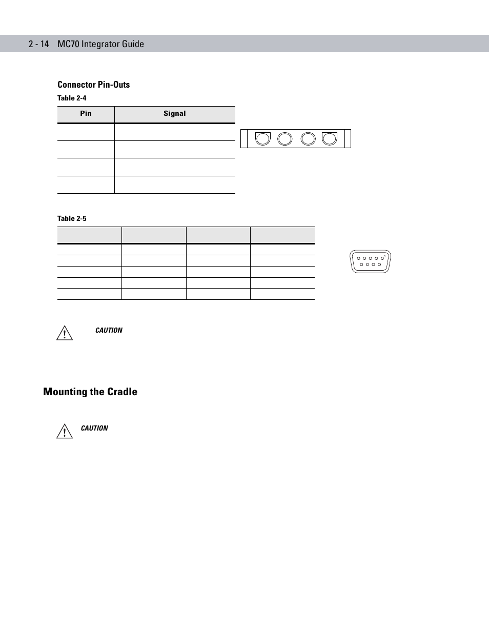 Connector pin-outs, Mounting the cradle, Mounting the cradle -14 | Motorola ENTERPRISE DIGITAL ASSISTANT MC70 User Manual | Page 44 / 208