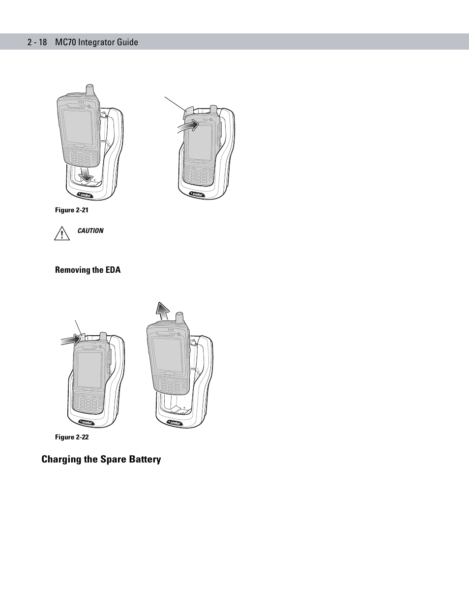 Removing the eda, Charging the spare battery, Charging the spare battery -18 | Motorola ENTERPRISE DIGITAL ASSISTANT MC70 User Manual | Page 48 / 208
