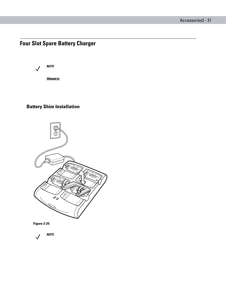 Four slot spare battery charger, Battery shim installation, Four slot spare battery charger -21 | Battery shim installation -21 | Motorola ENTERPRISE DIGITAL ASSISTANT MC70 User Manual | Page 51 / 208