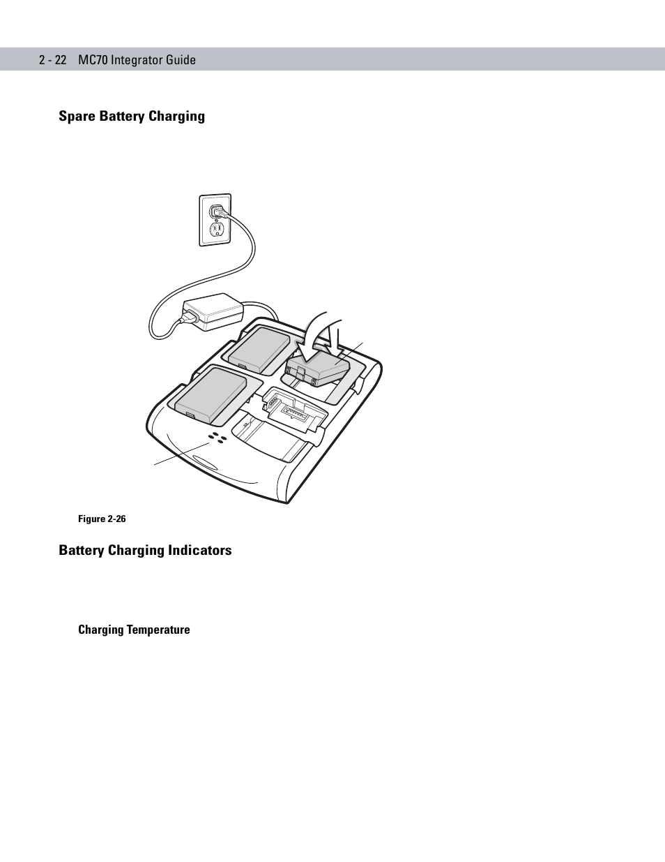 Spare battery charging, Battery charging indicators, Charging temperature | Motorola ENTERPRISE DIGITAL ASSISTANT MC70 User Manual | Page 52 / 208