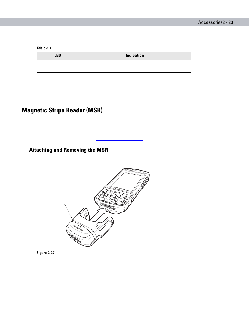 Magnetic stripe reader (msr), Attaching and removing the msr, Magnetic stripe reader (msr) -23 | Attaching and removing the msr -23, Table 2-7 | Motorola ENTERPRISE DIGITAL ASSISTANT MC70 User Manual | Page 53 / 208