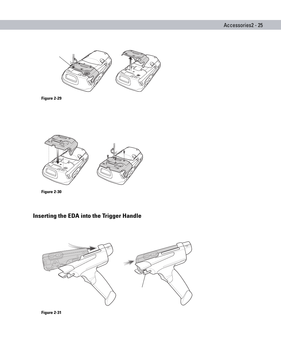 Inserting the eda into the trigger handle, Inserting the eda into the trigger handle -25, Accessories2 - 25 | Motorola ENTERPRISE DIGITAL ASSISTANT MC70 User Manual | Page 55 / 208