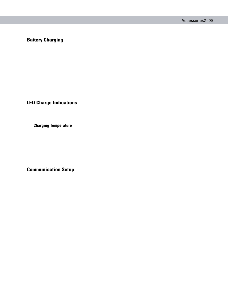 Battery charging, Led charge indications, Charging temperature | Communication setup | Motorola ENTERPRISE DIGITAL ASSISTANT MC70 User Manual | Page 59 / 208