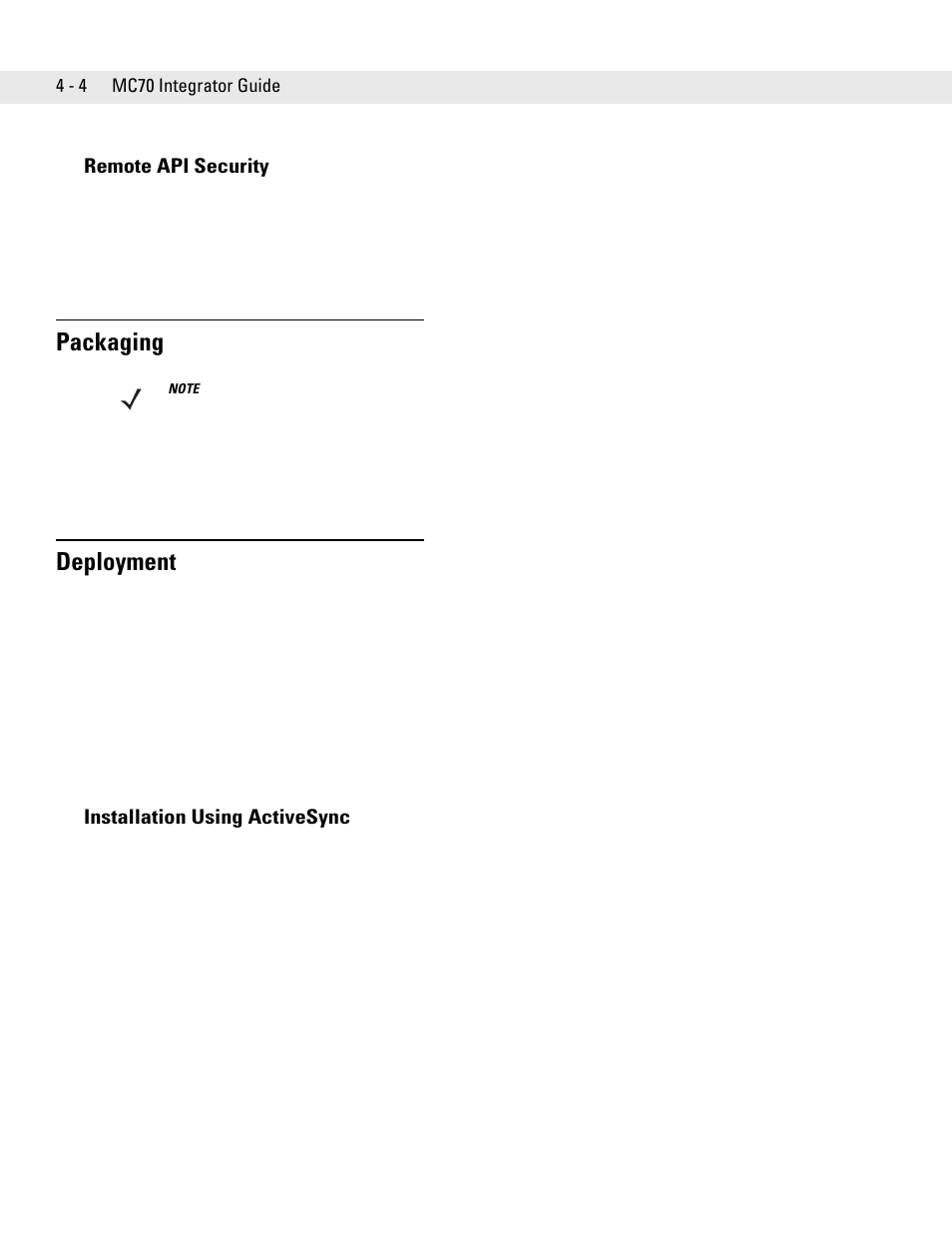 Remote api security, Packaging, Deployment | Installation using activesync, Remote api security -4, Packaging -4 deployment -4, Installation using activesync -4 | Motorola ENTERPRISE DIGITAL ASSISTANT MC70 User Manual | Page 70 / 208