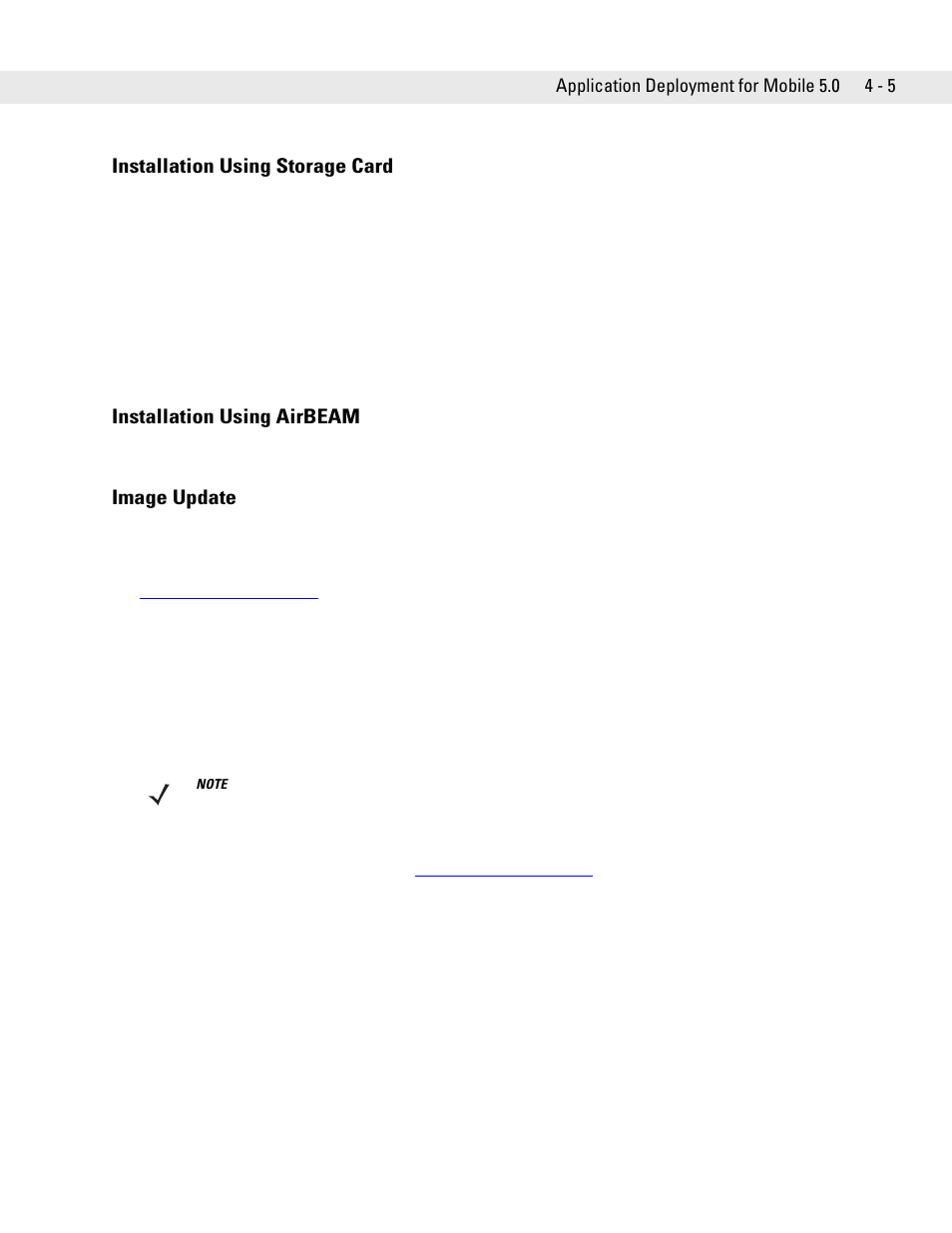 Installation using storage card, Installation using airbeam, Image update | Motorola ENTERPRISE DIGITAL ASSISTANT MC70 User Manual | Page 71 / 208