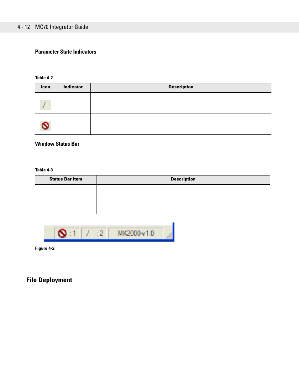 Parameter state indicators, Window status bar, File deployment | File deployment -12 | Motorola ENTERPRISE DIGITAL ASSISTANT MC70 User Manual | Page 78 / 208
