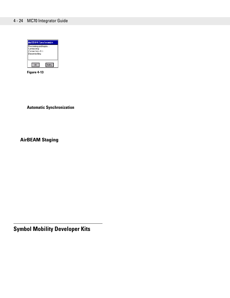 Automatic synchronization, Airbeam staging, Symbol mobility developer kits | Airbeam staging -24, Symbol mobility developer kits -24 | Motorola ENTERPRISE DIGITAL ASSISTANT MC70 User Manual | Page 90 / 208