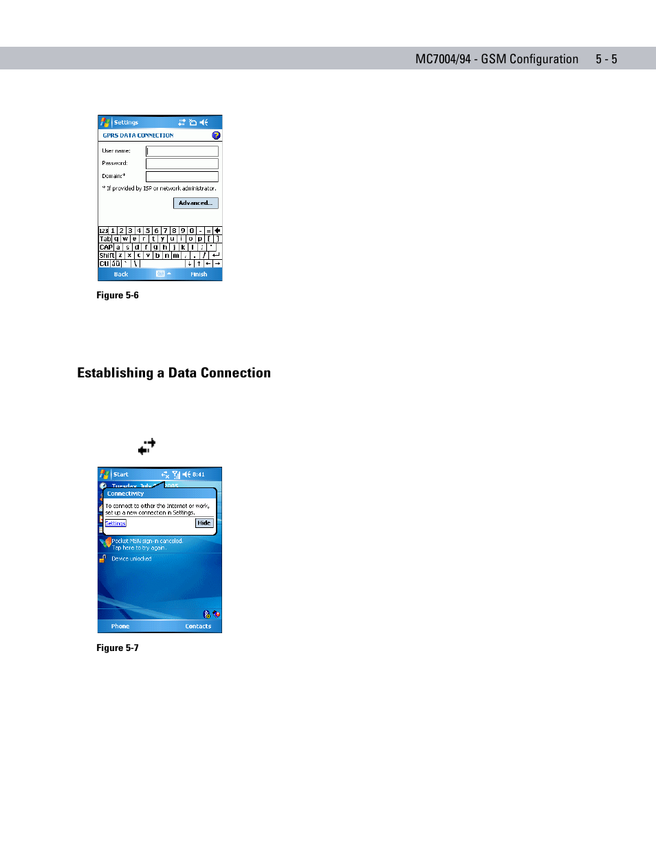 Establishing a data connection, Establishing a data connection -5 | Motorola ENTERPRISE DIGITAL ASSISTANT MC70 User Manual | Page 95 / 208