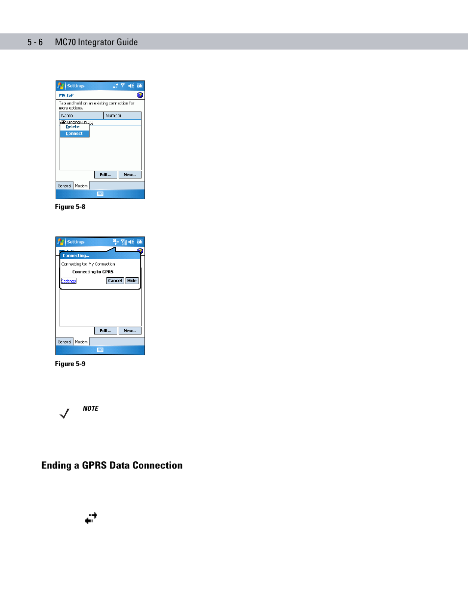 Ending a gprs data connection, Ending a gprs data connection -6 | Motorola ENTERPRISE DIGITAL ASSISTANT MC70 User Manual | Page 96 / 208