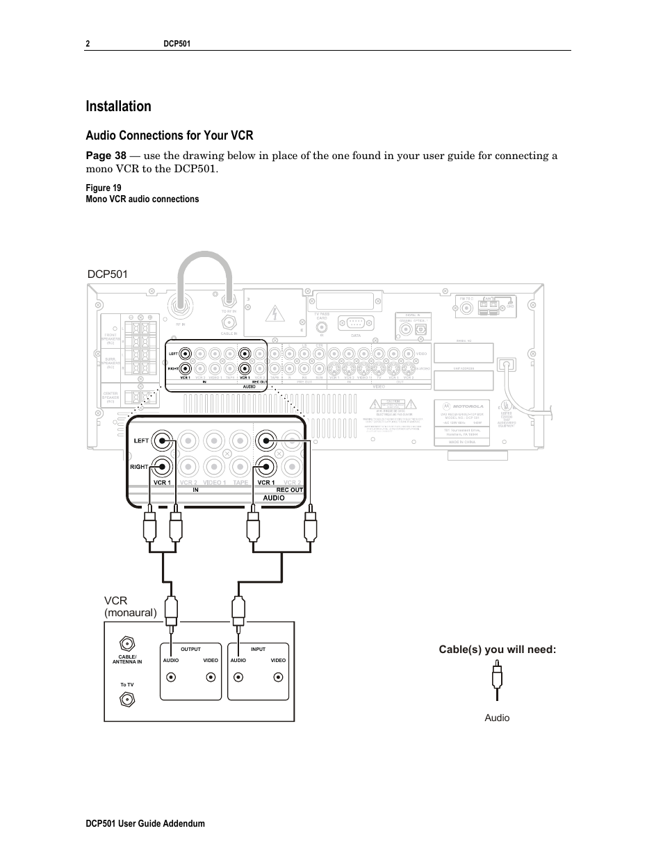 Installation, Audio connections for your vcr, Vcr (monaural) dcp501 | Cable(s) you will need | Motorola DCP501 User Manual | Page 2 / 8