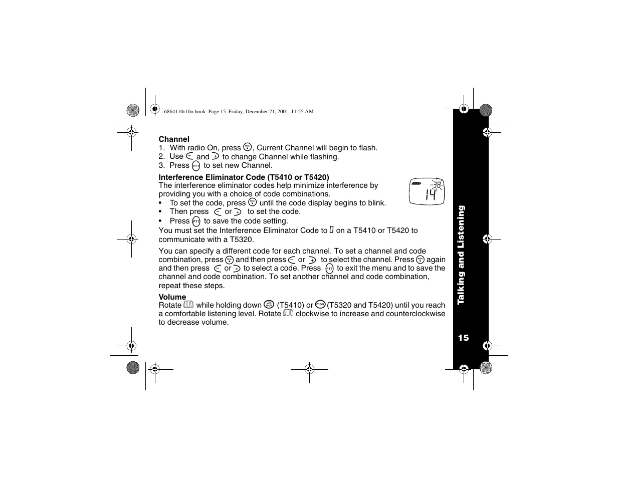 Channel, Interference eliminator code, Volume | Motorola T5410 User Manual | Page 19 / 40