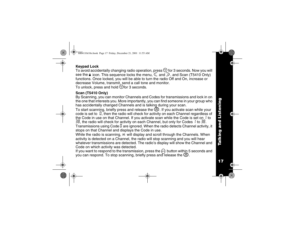 Keypad lock, Scan (t5410 only0 | Motorola T5410 User Manual | Page 21 / 40