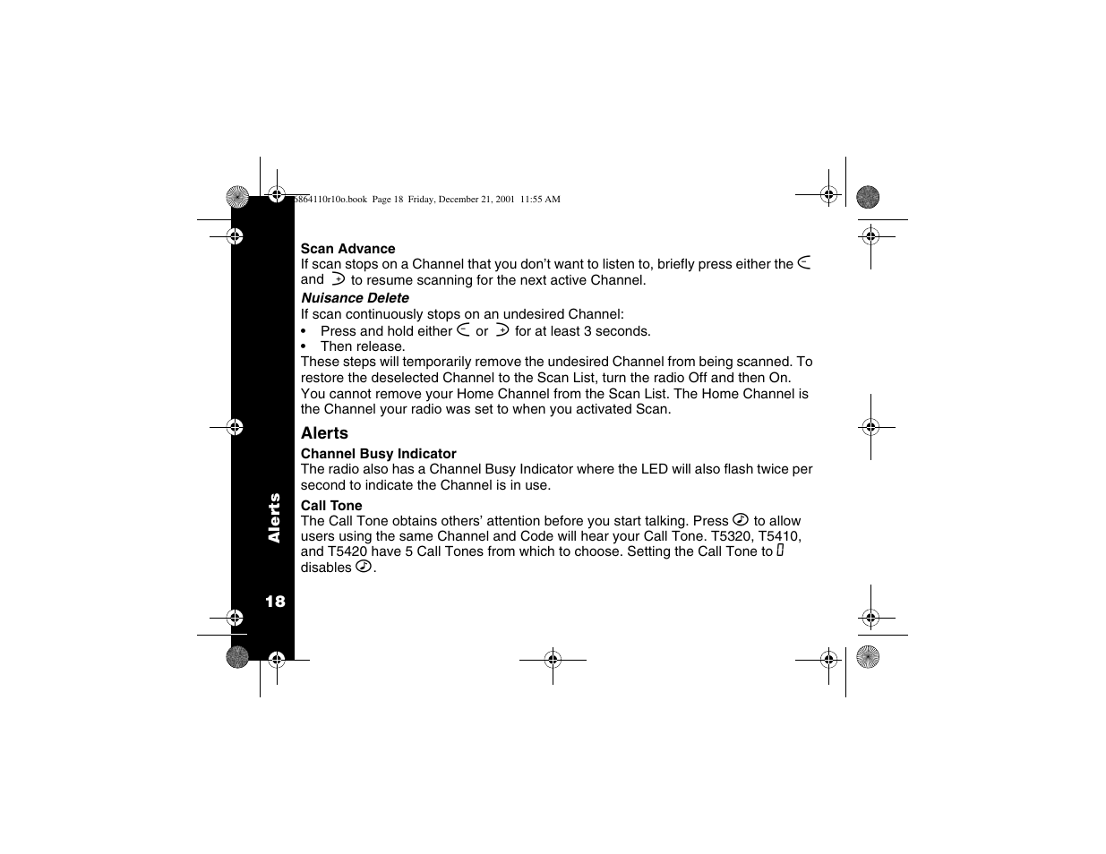 Scan advance, Nuisance delete, Alerts | Channel busy indicator, Call tone | Motorola T5410 User Manual | Page 22 / 40