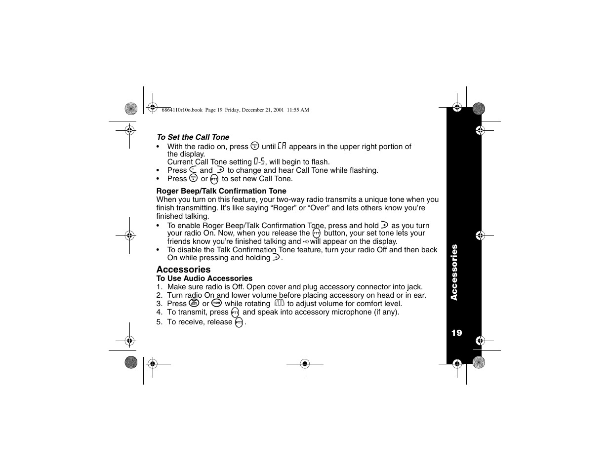 Set the call tone, Roger beep/talk confirm, Accessories | Audio accessories | Motorola T5410 User Manual | Page 23 / 40