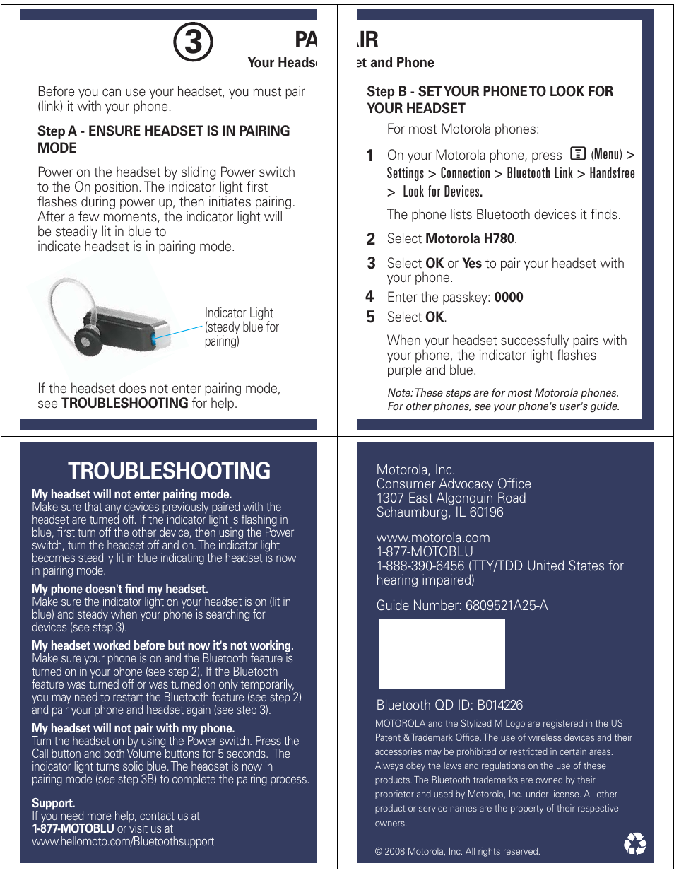 Troubleshooting | Motorola H780 User Manual | Page 2 / 7