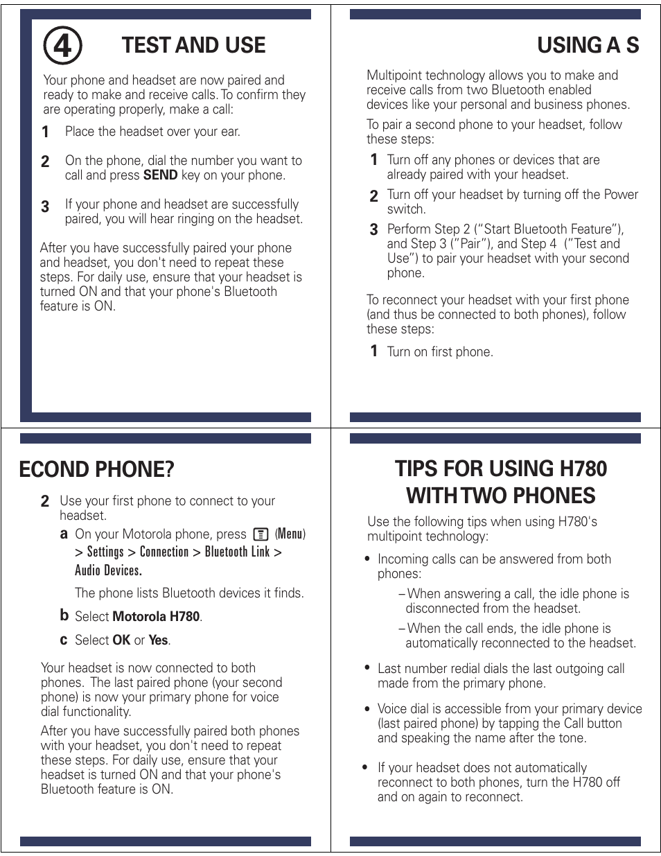 Test and use, Using a s, Econd phone | Tips for using h780 with two phones | Motorola H780 User Manual | Page 3 / 7