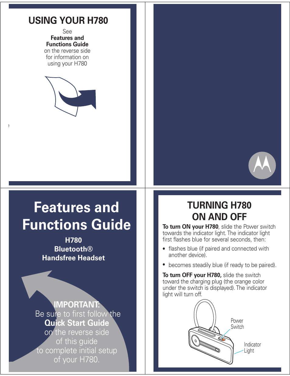 Features and functions guide, Using your h780, Turning h780 on and off | Motorola H780 User Manual | Page 4 / 7