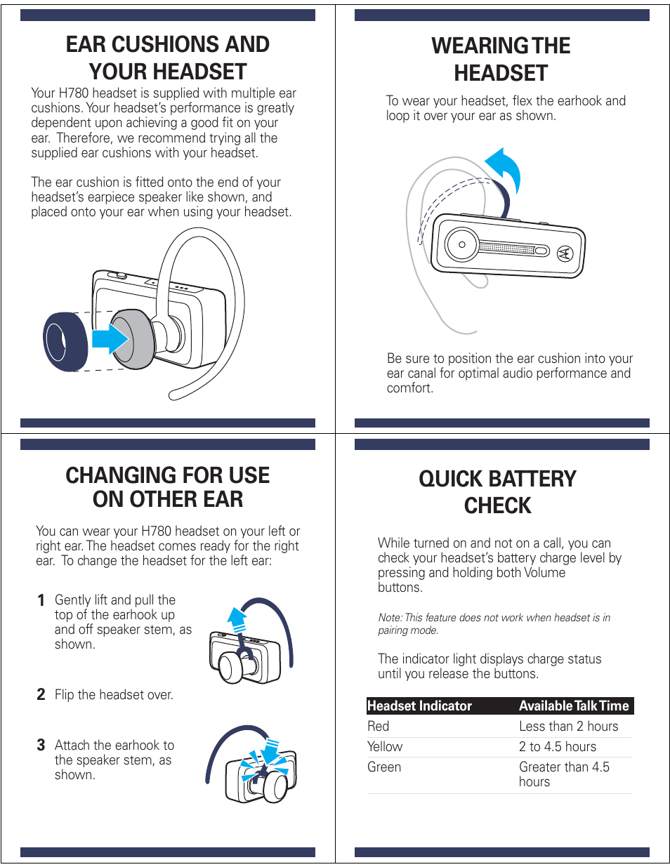 Ear cushions and your headset, Wearing the headset, Changing for use on other ear | Quick battery check | Motorola H780 User Manual | Page 5 / 7