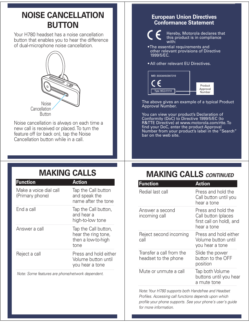 Noise cancellation button, Making calls | Motorola H780 User Manual | Page 6 / 7