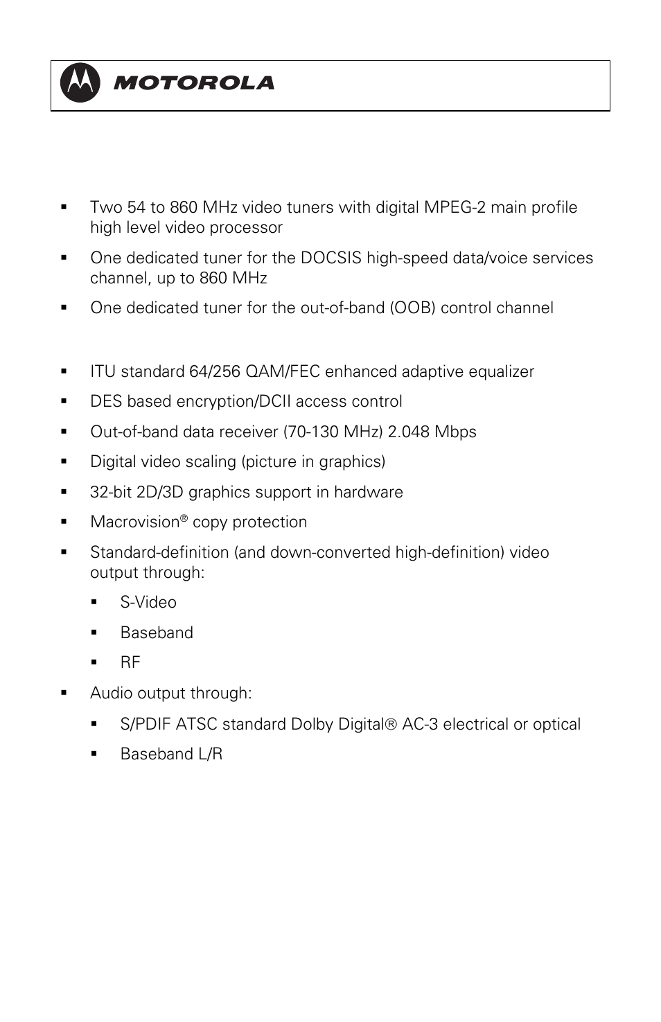 Features, Tuners, Standard audio/video features | Dct3080 installation manual, Features tuners | Motorola DCT3080 User Manual | Page 12 / 98