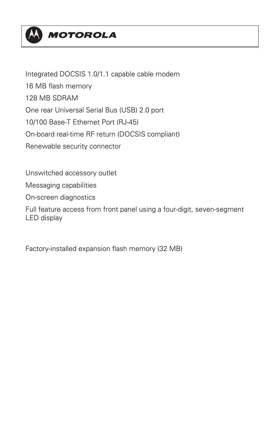 Standard data features, Standard miscellaneous features, Available optional features | Motorola DCT3080 User Manual | Page 14 / 98