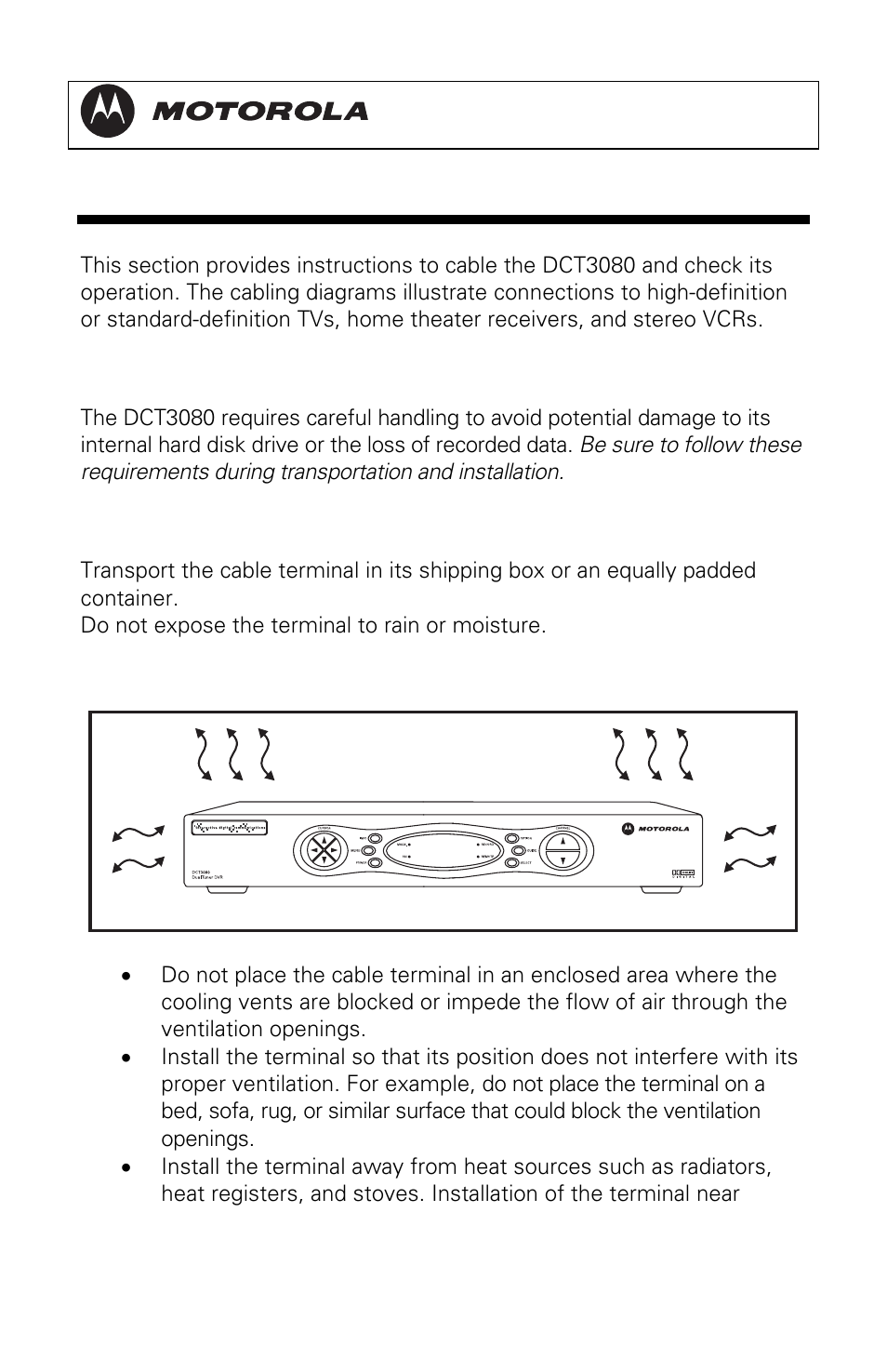 Installation, Important safety considerations, During transportation to the subscriber home | During installation | Motorola DCT3080 User Manual | Page 23 / 98