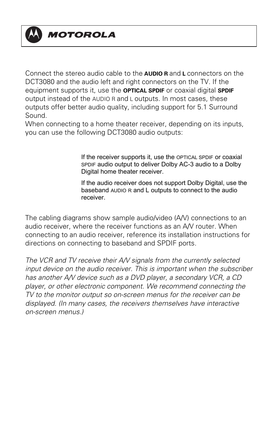 Audio connection options, Dct3080 installation manual | Motorola DCT3080 User Manual | Page 26 / 98