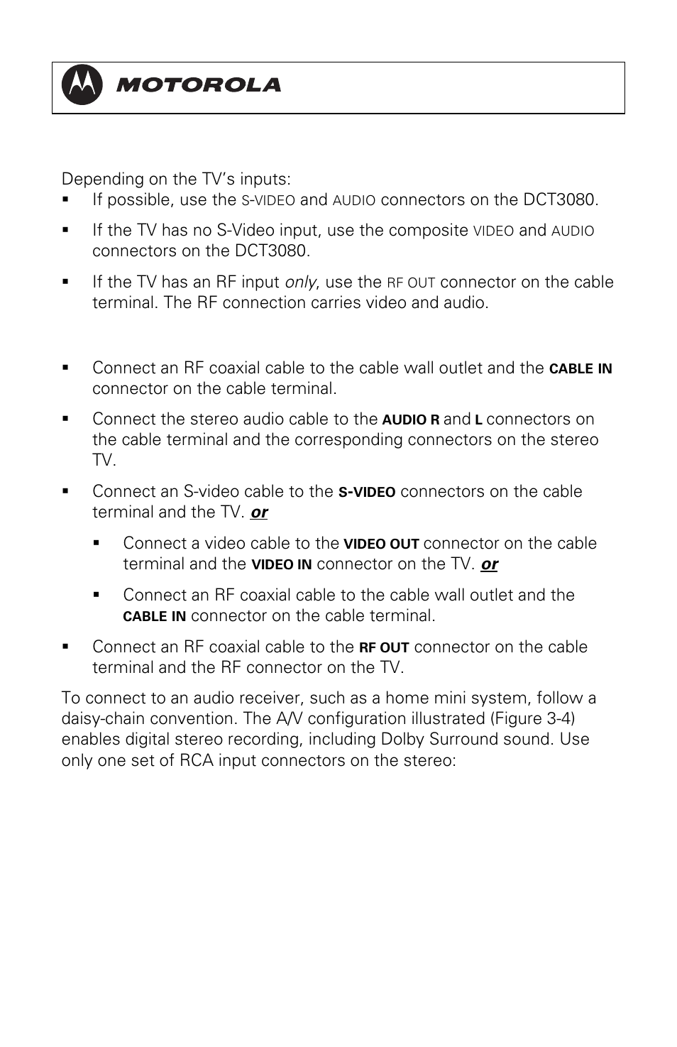 Connecting to a stereo tv, Connecting a stereo tv, Dct3080 installation manual | Motorola DCT3080 User Manual | Page 29 / 98